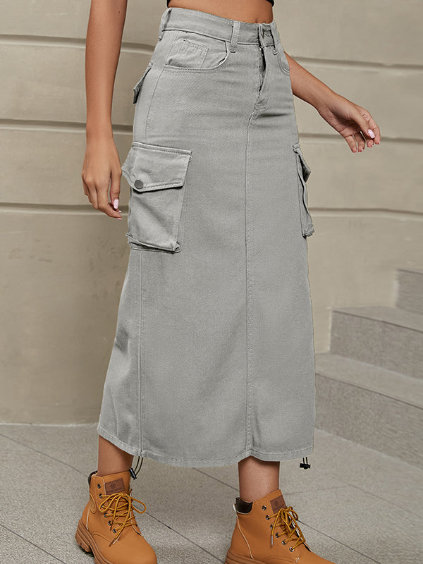 A-Line Buttoned Drawstring Pockets Solid Color Split-Side Skirts Bottoms - Image 13