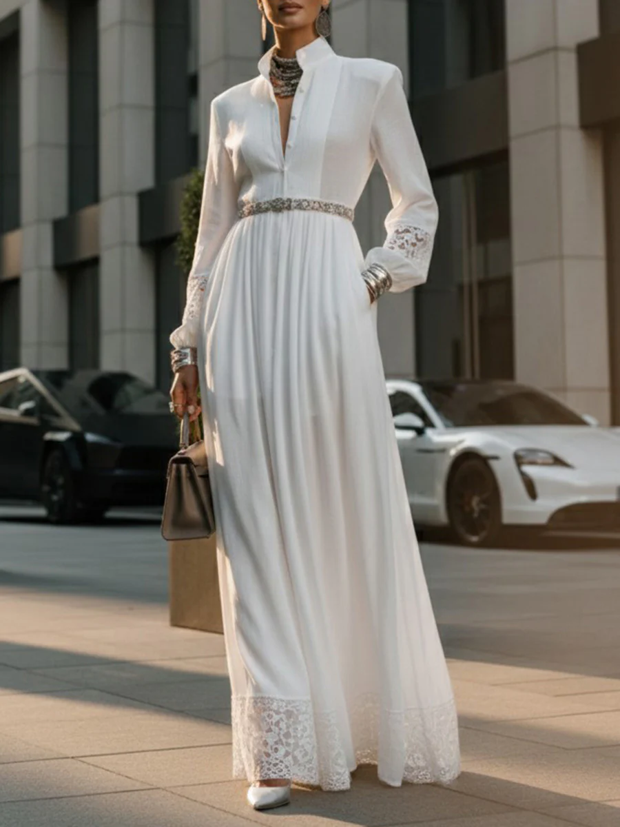 A-Line High Waisted Buttoned Hollow No Belt Pleated Pockets Solid Color Split-Joint Stand Collar Maxi Dresses Shirt Dress - Image 3
