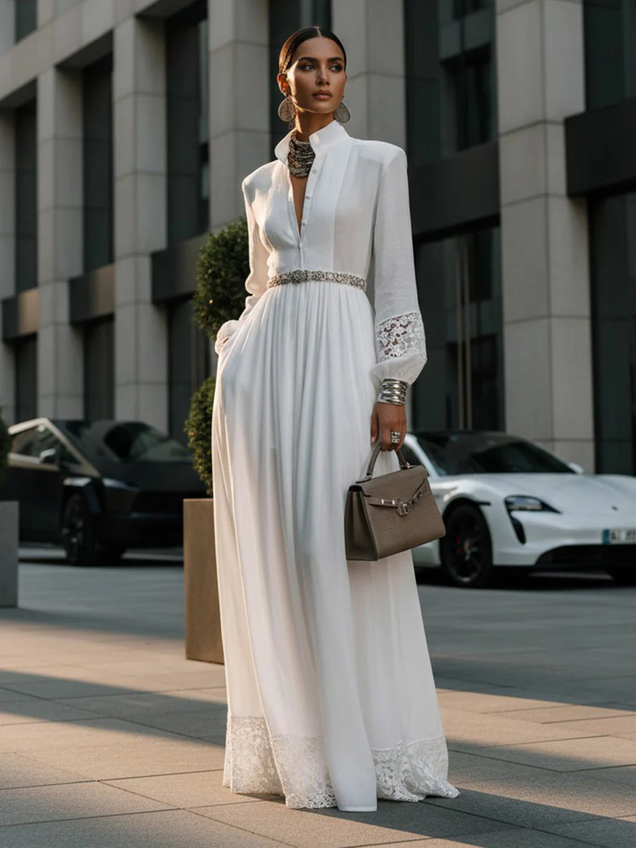 A-Line High Waisted Buttoned Hollow No Belt Pleated Pockets Solid Color Split-Joint Stand Collar Maxi Dresses Shirt Dress - Image 7