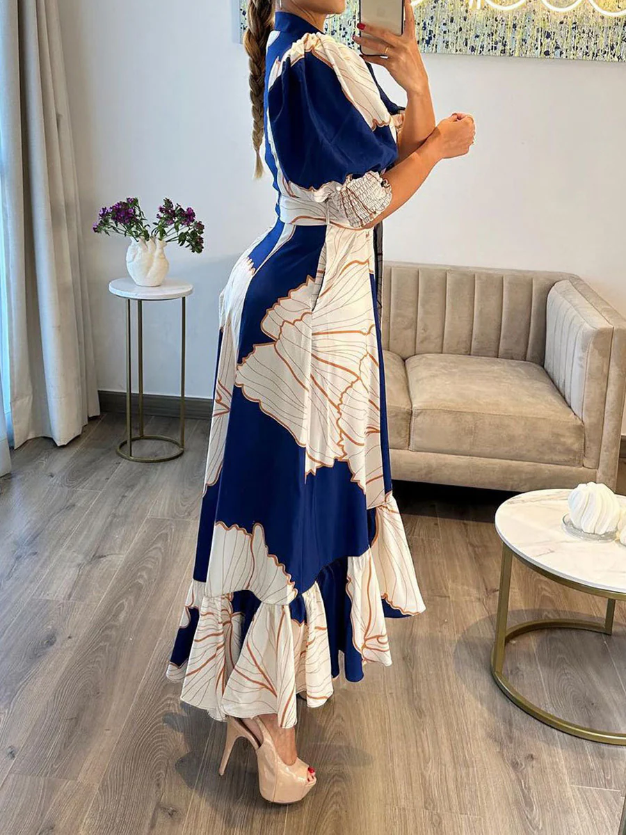 A-Line High Waisted Buttoned Contrast Color Pleated Pockets Split-Joint Lapel Maxi Dresses - Image 3