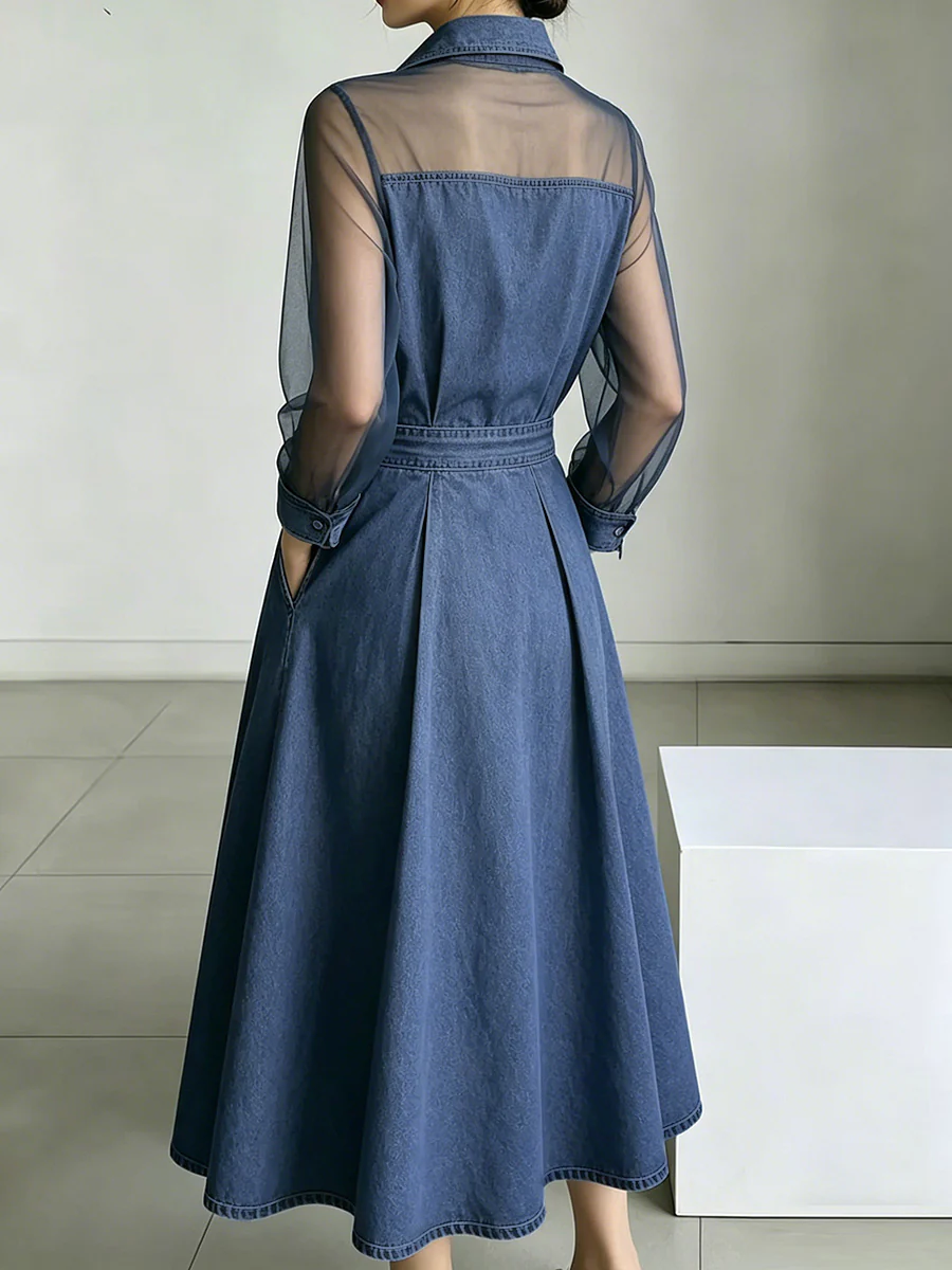 A-Line High Waisted Buttoned Pockets See-Through Solid Color Split-Joint Lapel Maxi Dresses - Image 2
