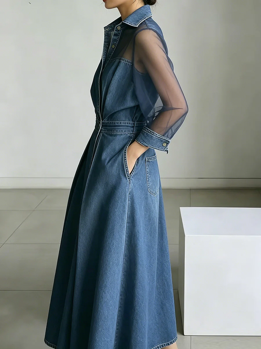 A-Line High Waisted Buttoned Pockets See-Through Solid Color Split-Joint Lapel Maxi Dresses - Image 3