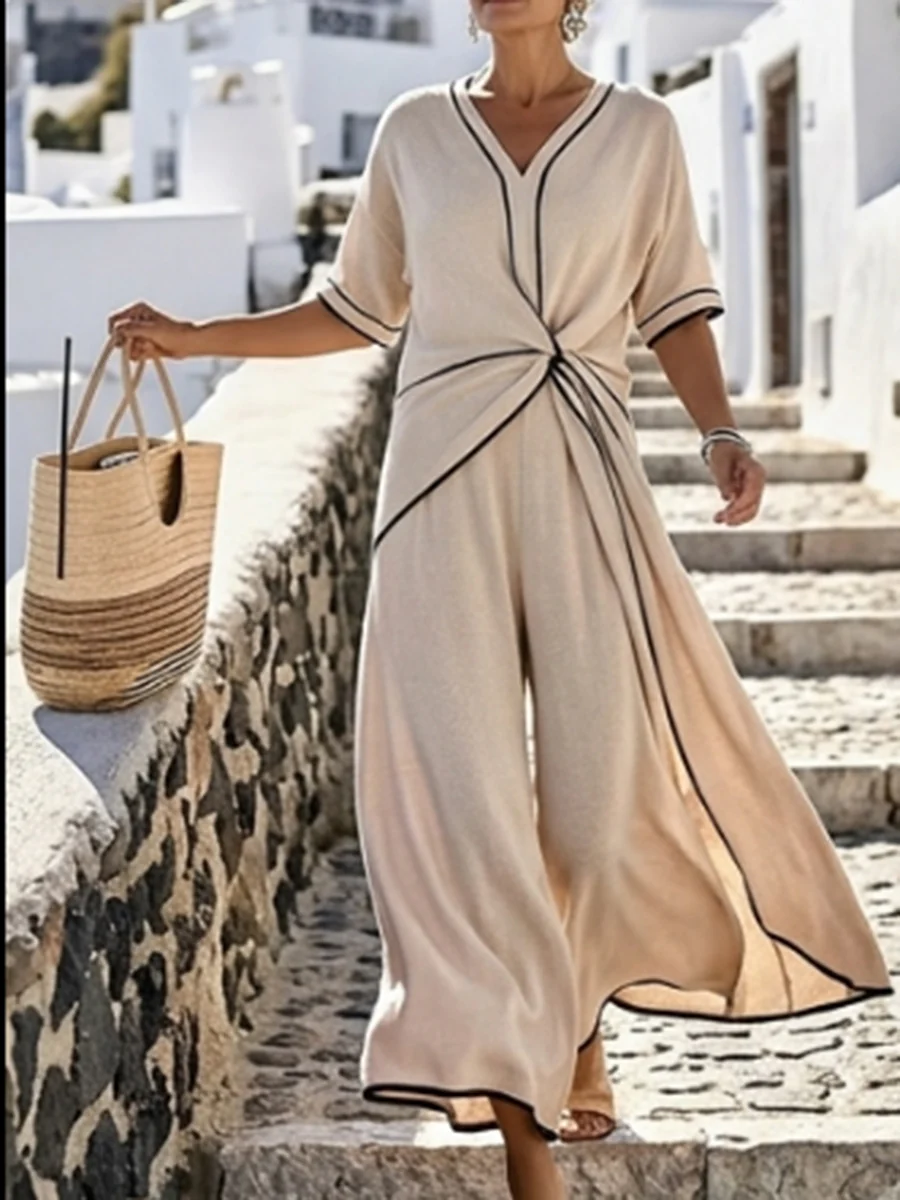 A-Line High Waisted Contrast Color Knot Line Pleated Pockets V-Neck Jumpsuits - Image 2