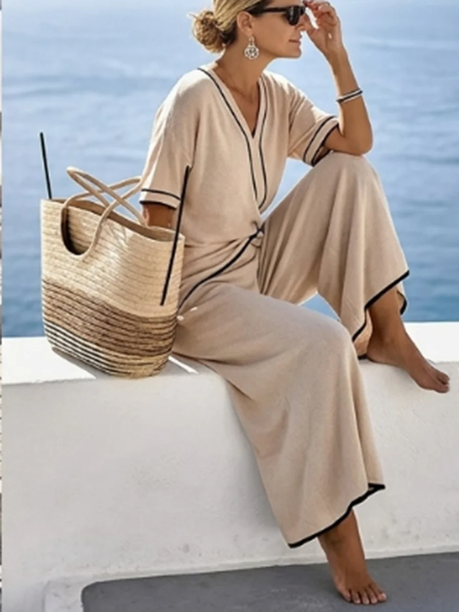 A-Line High Waisted Contrast Color Knot Line Pleated Pockets V-Neck Jumpsuits - Image 3