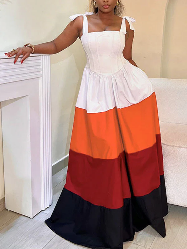 A-Line High Waisted Contrast Color Pleated Pockets Tied Zipper Spaghetti-Neck Maxi Dresses