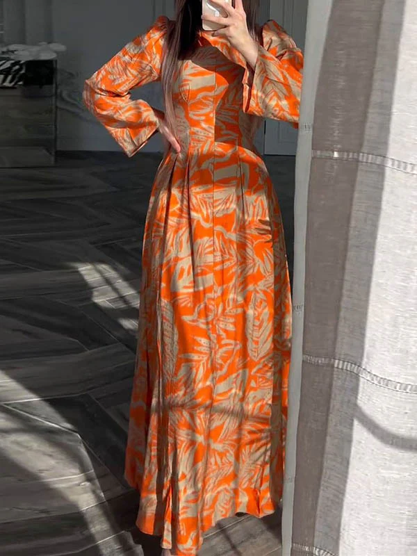 A-Line High Waisted Flower Print Pleated Zipper Mock Neck Maxi Dresses