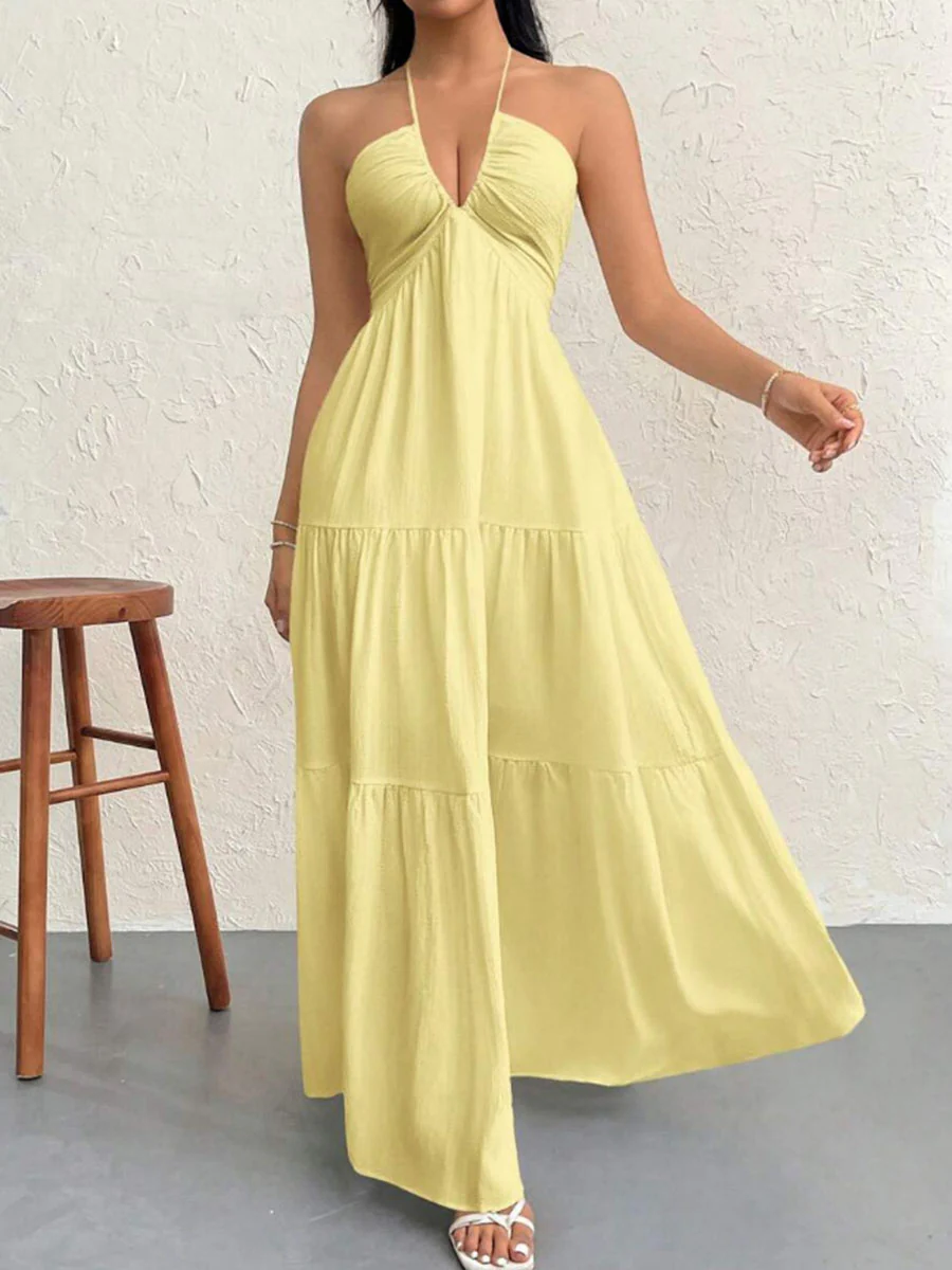 A-Line Loose Backless Pleated Solid Color Split-Joint Halter-Neck Midi Dresses - Image 10