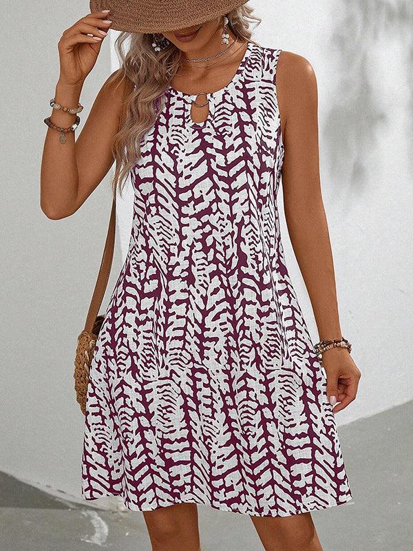 A-Line Loose Hollow Printed U-Neck Mini Dresses - Image 6