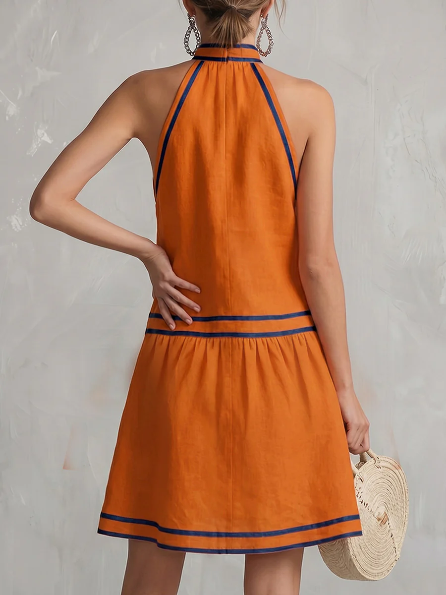 A-Line Sleeveless Contrast Color Pockets Zipper Halter-Neck Mini Dresses - Image 6