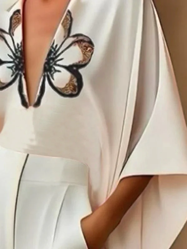 Batwing Sleeves High-Low Flower Print V-Neck Blouses&Shirts Tops - Image 3