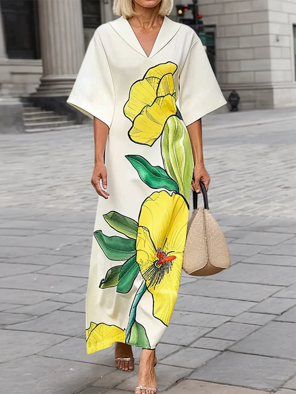 Batwing Sleeves Loose Floral Printed Split-Joint V-Neck Maxi Dresses