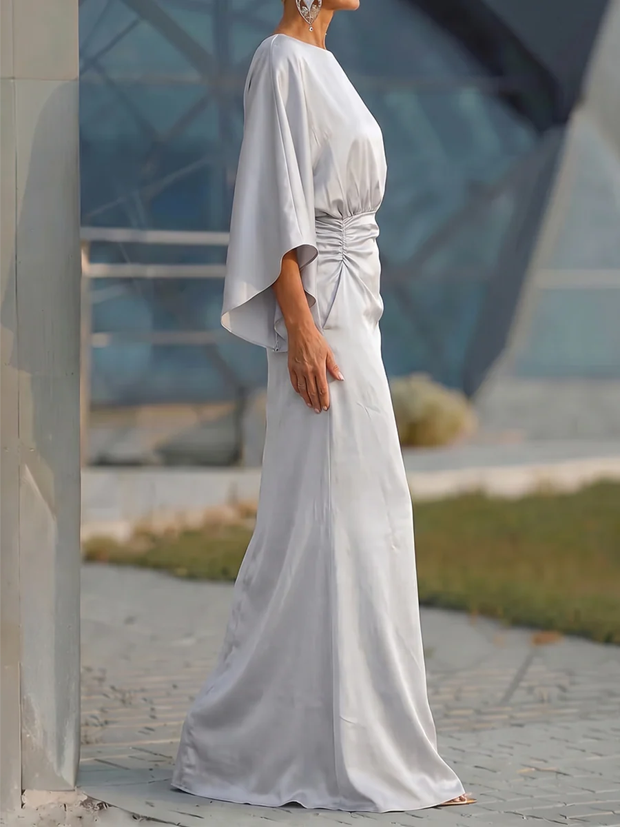 Batwing Sleeves Mermaid Backless Pockets Ruched Solid Color Round-Neck Maxi Dresses - Image 3