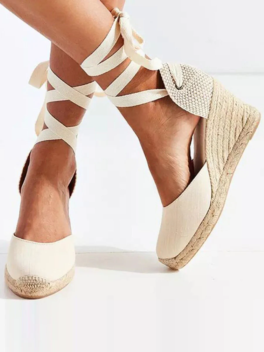 Buckle Split-Joint Square-Toe Lace-Up Ankle Wrap Espadrille Wedge Sandals - Image 5