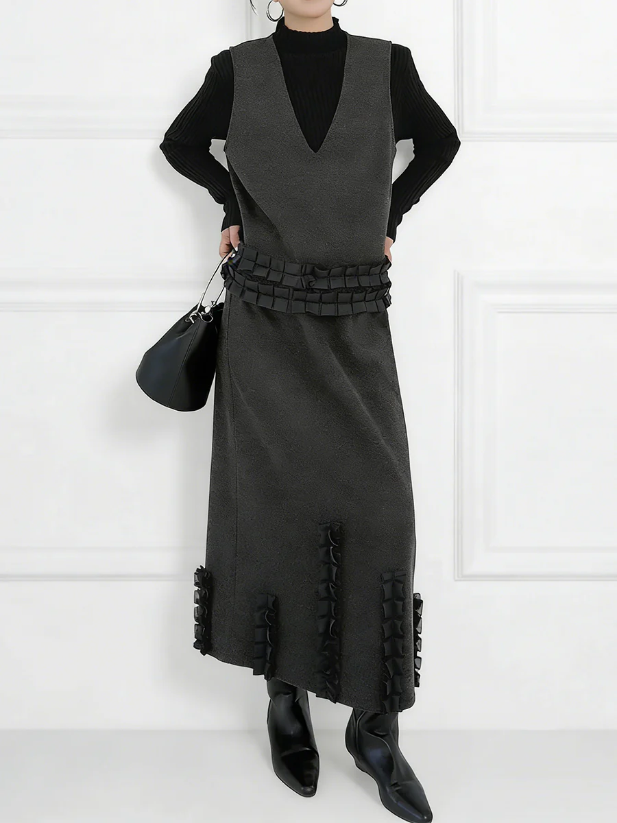 Contrast Color Ruffled Split-Joint V-Neck Vest Top + Elasticated Waist High Waisted Pleated Skirts Bottoms Two Pieces Set