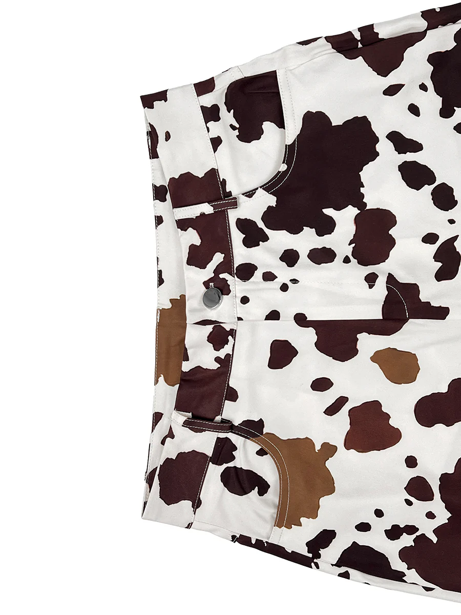Elasticated Waist High Waisted Contrast Color Cow Printed Split-Joint Pants - Image 10