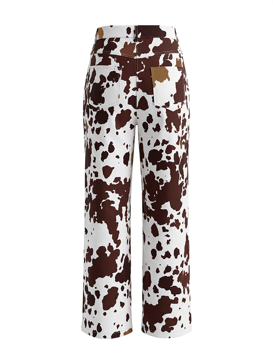 Elasticated Waist High Waisted Contrast Color Cow Printed Split-Joint Pants - Image 9