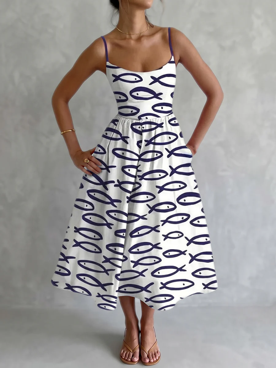 Elasticated Waist High Waisted Contrast Color Pleated Printed Split-Joint Spaghetti-Neck Midi Dresses