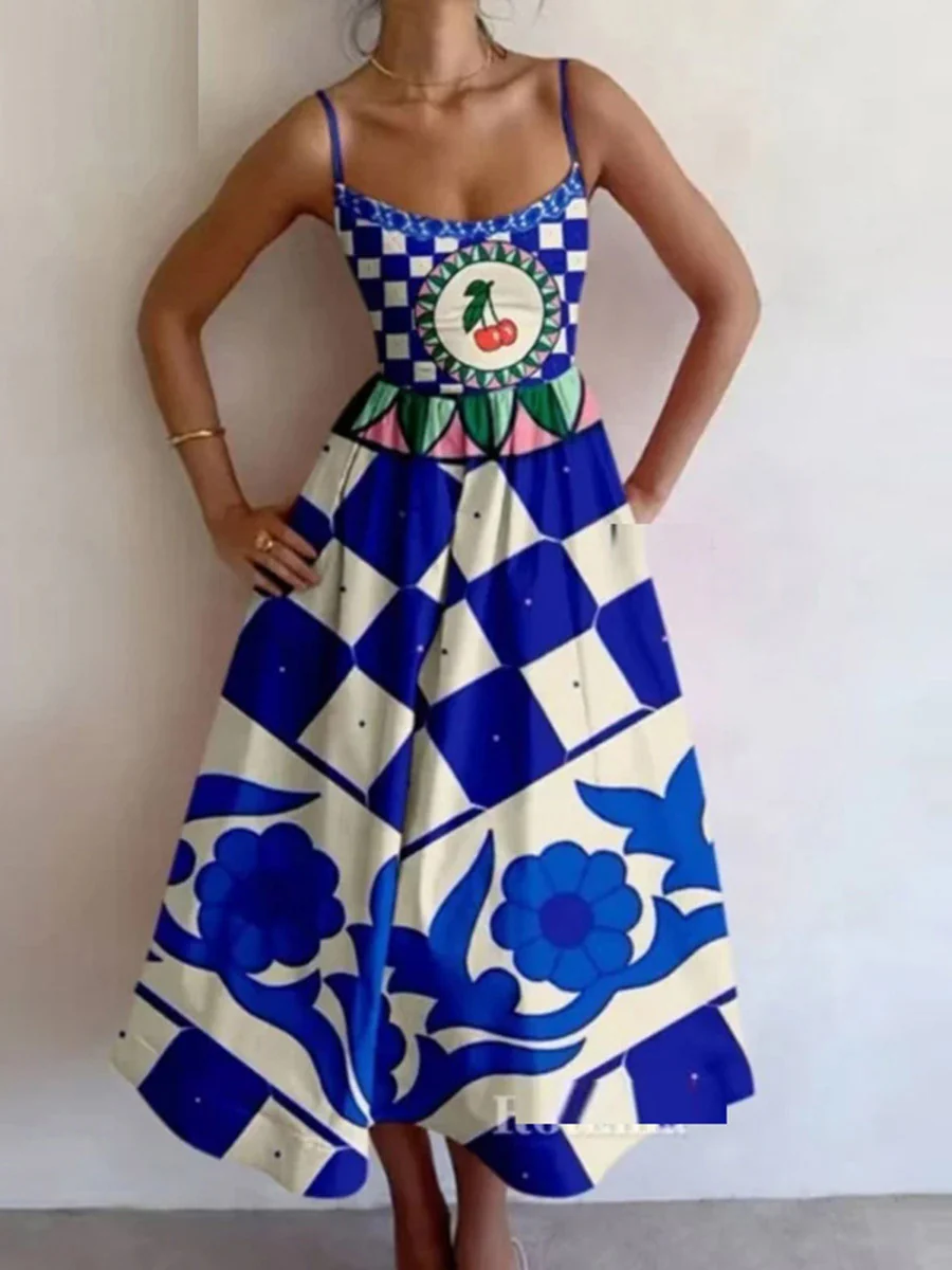 Elasticated Waist High Waisted Contrast Color Pleated Printed Split-Joint Spaghetti-Neck Midi Dresses - Image 10