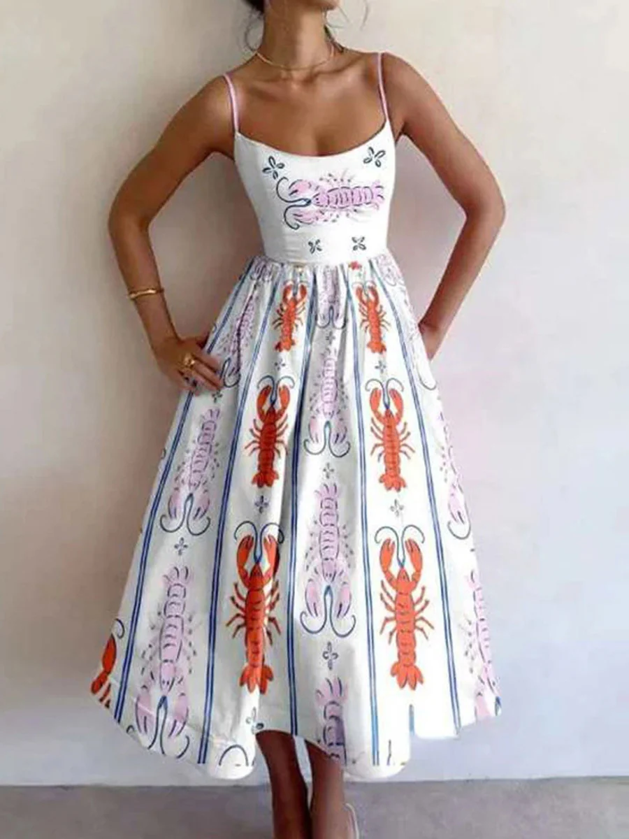 Elasticated Waist High Waisted Contrast Color Pleated Printed Split-Joint Spaghetti-Neck Midi Dresses - Image 2