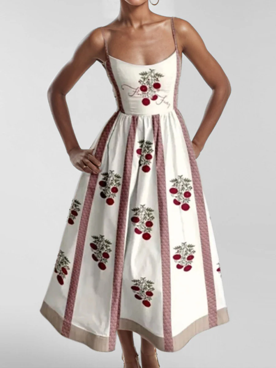 Elasticated Waist High Waisted Contrast Color Pleated Printed Split-Joint Spaghetti-Neck Midi Dresses - Image 3