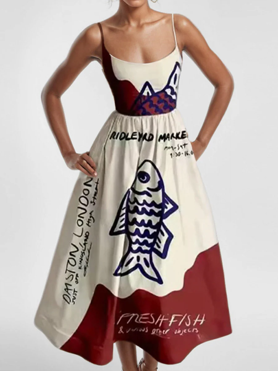 Elasticated Waist High Waisted Contrast Color Pleated Printed Split-Joint Spaghetti-Neck Midi Dresses - Image 4