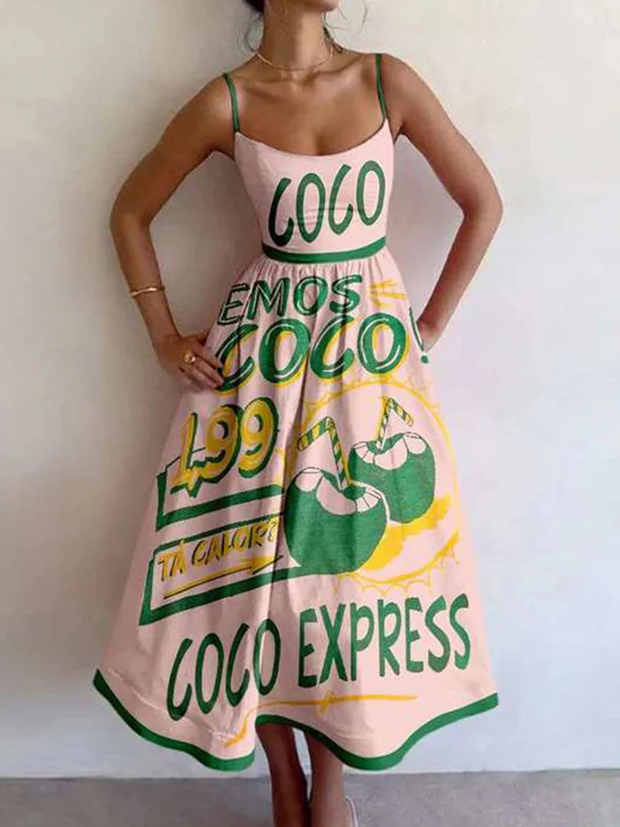 Elasticated Waist High Waisted Contrast Color Pleated Printed Split-Joint Spaghetti-Neck Midi Dresses - Image 9