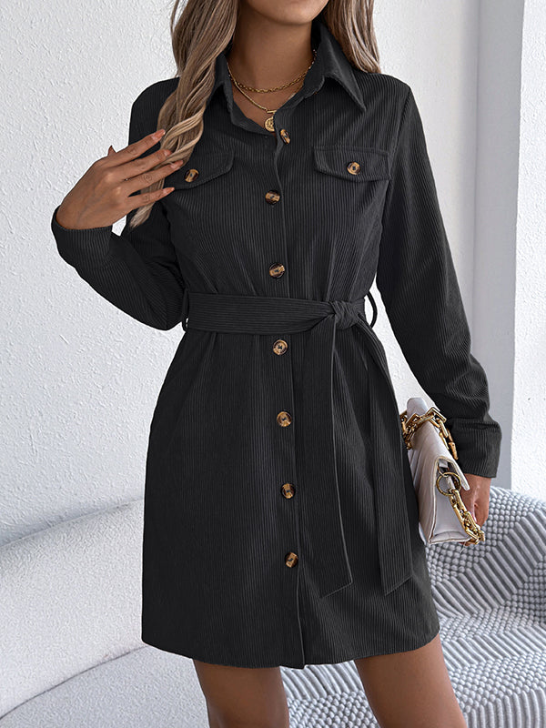 Elasticated Waist Long Sleeves Belted Buttoned Single-Breasted Solid Color Lapel Collar Mini Dresses Shirt Dress - Image 10
