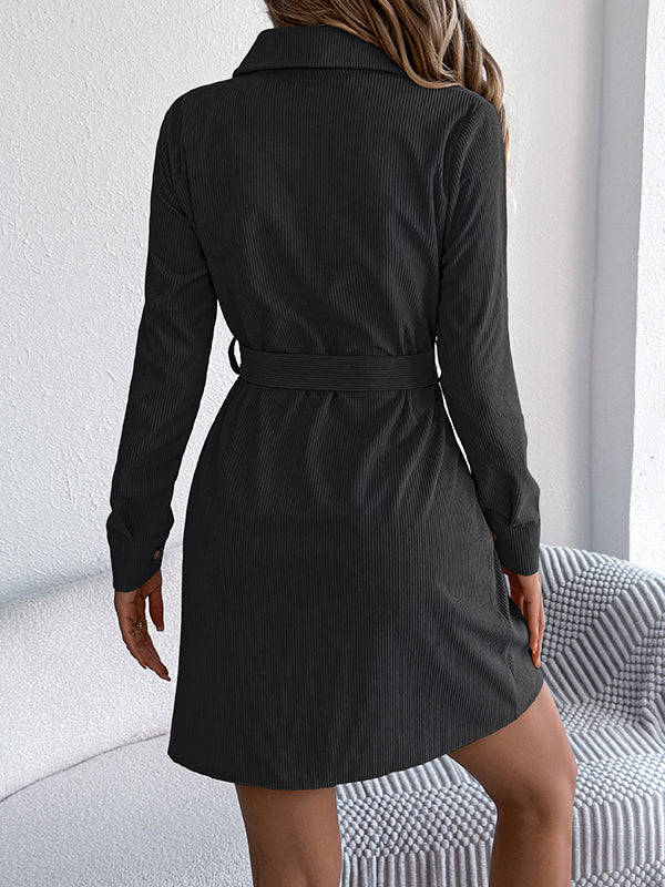 Elasticated Waist Long Sleeves Belted Buttoned Single-Breasted Solid Color Lapel Collar Mini Dresses Shirt Dress - Image 12