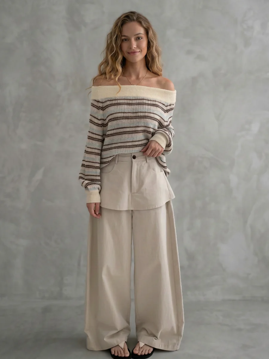 False Two High Waisted Buttoned Pockets Solid Color Pants - Image 2