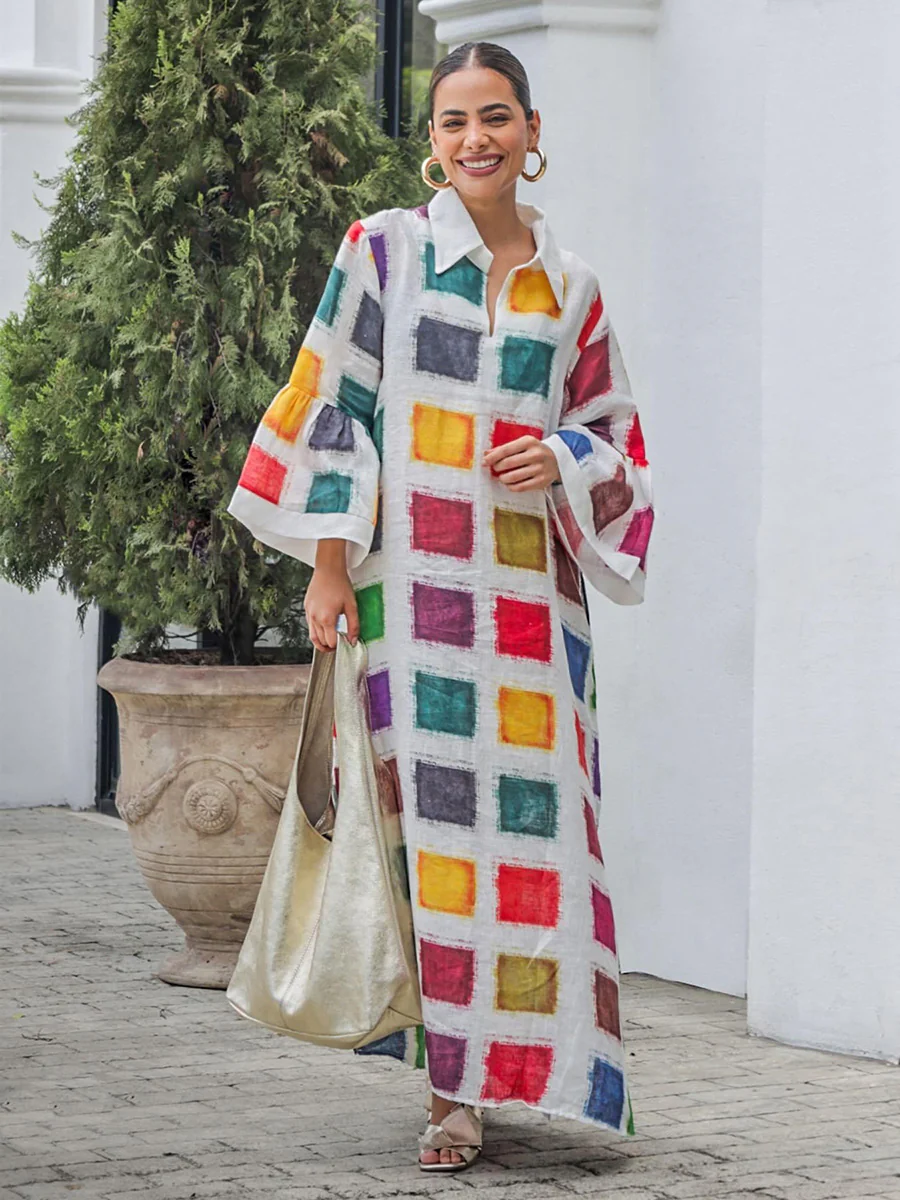 Flared Sleeves Long Sleeves Contrast Color Printed Split-Back Split-Joint Lapel Maxi Dresses - Image 3