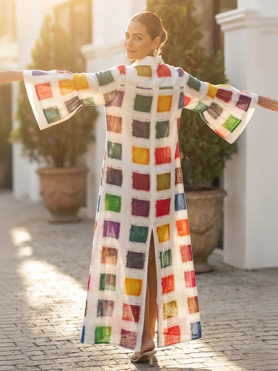 Flared Sleeves Long Sleeves Contrast Color Printed Split-Back Split-Joint Lapel Maxi Dresses - Image 5