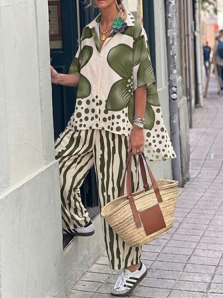 Half Sleeves Buttoned Flower Print Polka-Dot Lapel Blouses&Shirts Tops + High Waisted Pants Trousers Two Pieces Set - Image 2