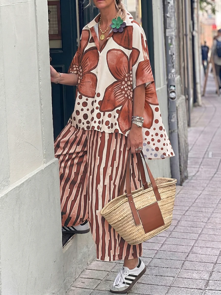 Half Sleeves Buttoned Flower Print Polka-Dot Lapel Blouses&Shirts Tops + High Waisted Pants Trousers Two Pieces Set - Image 3