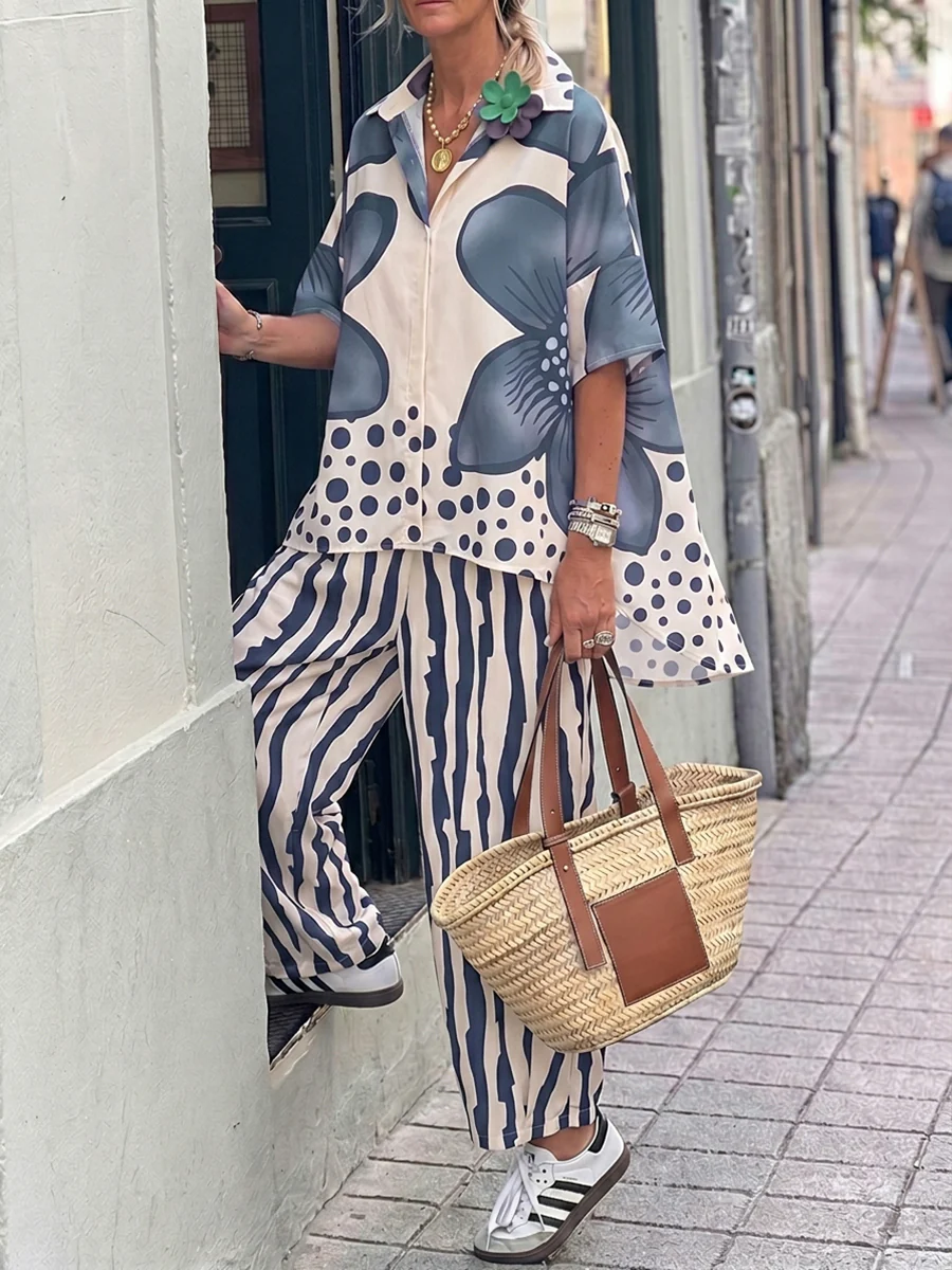 Half Sleeves Buttoned Flower Print Polka-Dot Lapel Blouses&Shirts Tops + High Waisted Pants Trousers Two Pieces Set - Image 4