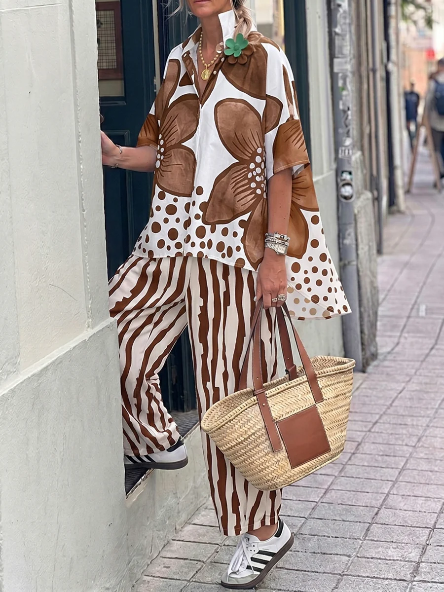 Half Sleeves Buttoned Flower Print Polka-Dot Lapel Blouses&Shirts Tops + High Waisted Pants Trousers Two Pieces Set - Image 5