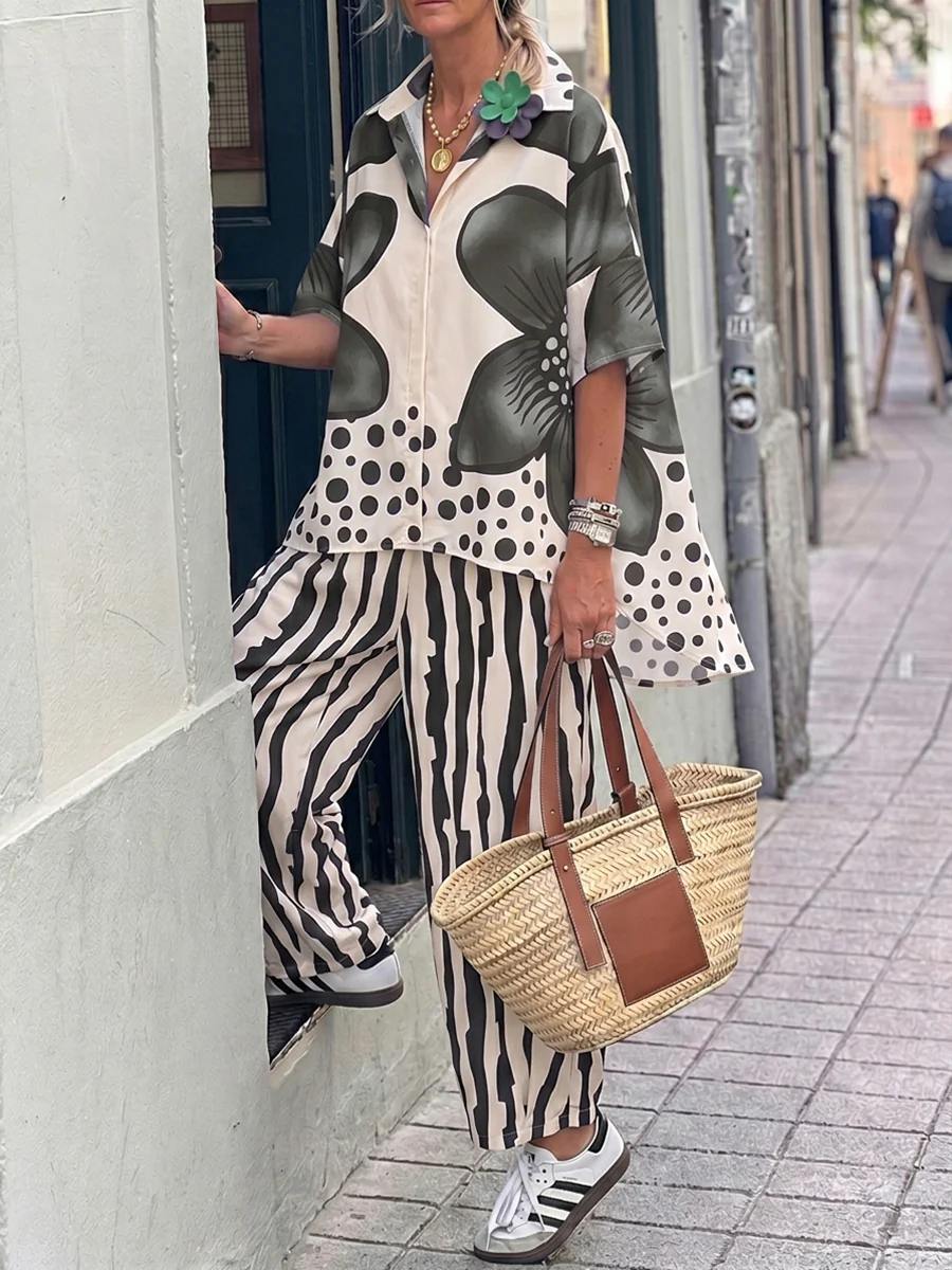 Half Sleeves Buttoned Flower Print Polka-Dot Lapel Blouses&Shirts Tops + High Waisted Pants Trousers Two Pieces Set - Image 6