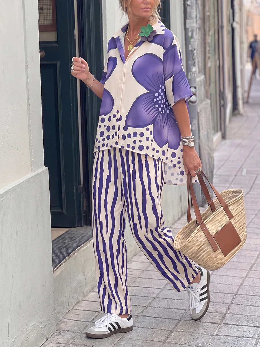 Half Sleeves Buttoned Flower Print Polka-Dot Lapel Blouses&Shirts Tops + High Waisted Pants Trousers Two Pieces Set - Image 7