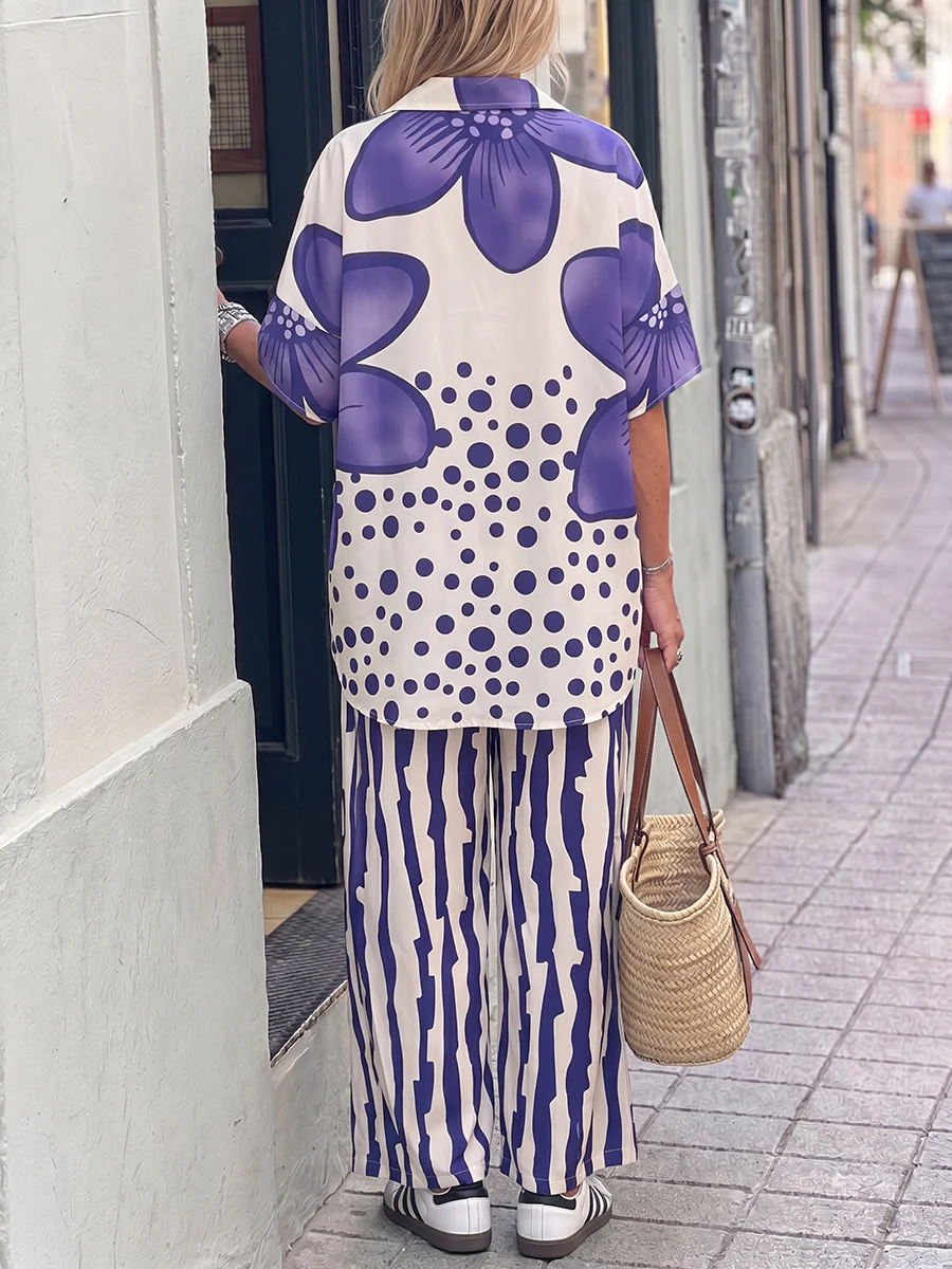 Half Sleeves Buttoned Flower Print Polka-Dot Lapel Blouses&Shirts Tops + High Waisted Pants Trousers Two Pieces Set - Image 8