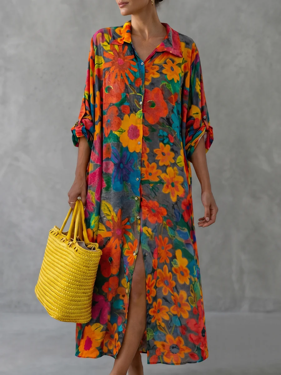 Half Sleeves Loose Buttoned Contrast Color Floral Printed Split-Front Lapel Maxi Dresses Shirt Dress