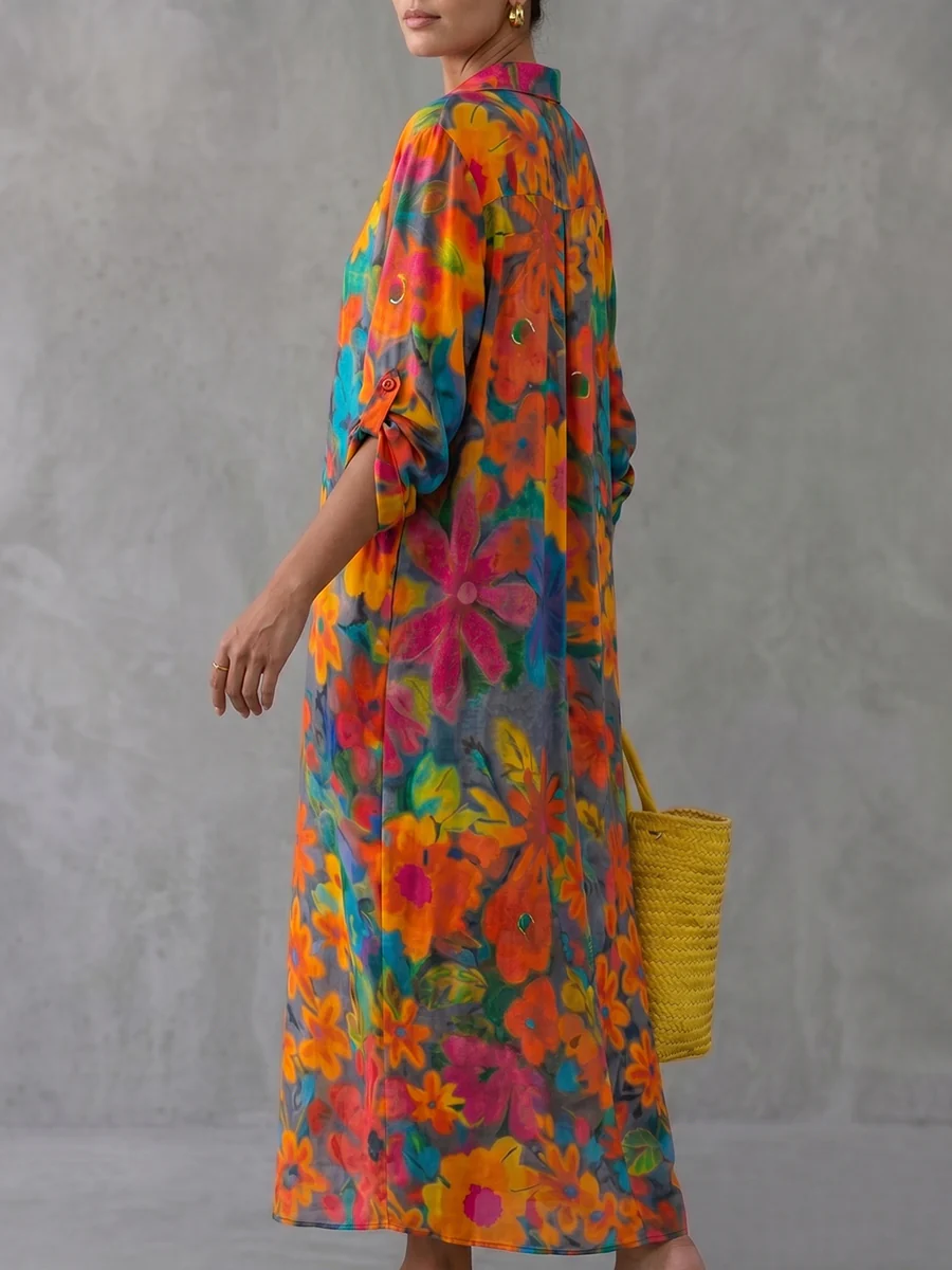 Half Sleeves Loose Buttoned Contrast Color Floral Printed Split-Front Lapel Maxi Dresses Shirt Dress - Image 2