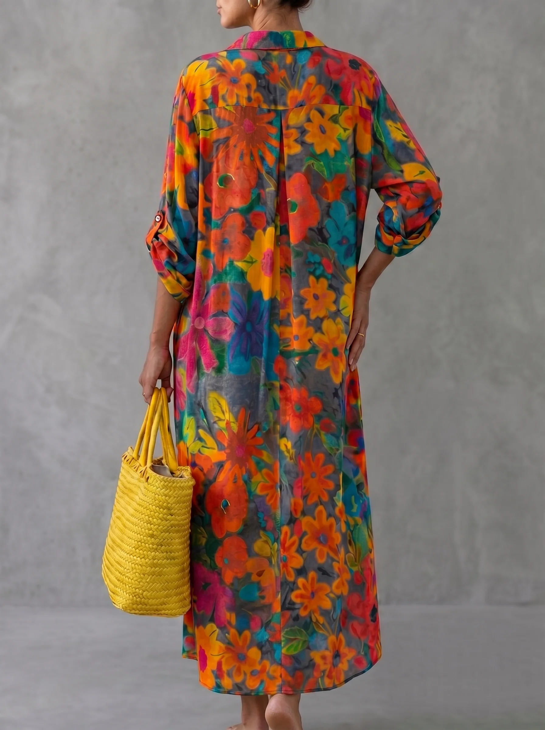 Half Sleeves Loose Buttoned Contrast Color Floral Printed Split-Front Lapel Maxi Dresses Shirt Dress - Image 3