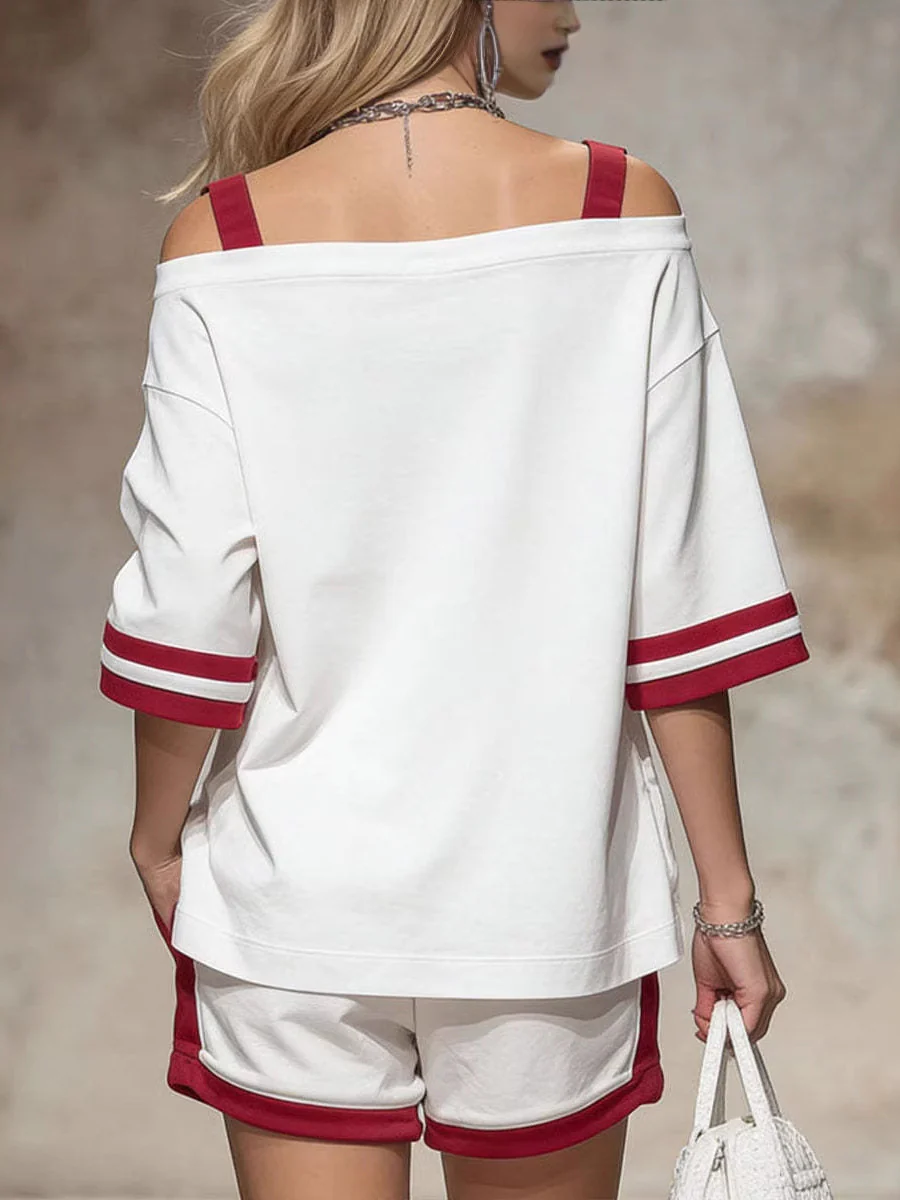 Half Sleeves Loose Contrast Color Drawstring Pockets Off-The-Shoulder T-Shirt Top + Shorts Bottom Two Pieces Set - Image 2