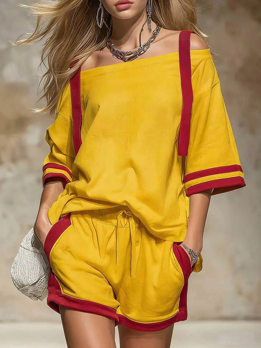 Half Sleeves Loose Contrast Color Drawstring Pockets Off-The-Shoulder T-Shirt Top + Shorts Bottom Two Pieces Set - Image 5