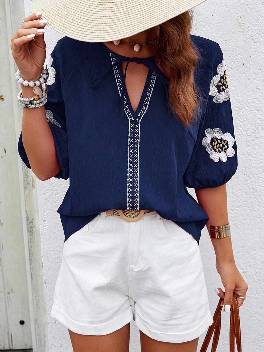 Half Sleeves Loose Contrast Color Embroidered Tied V-Neck Blouses&Shirts Tops - Image 10