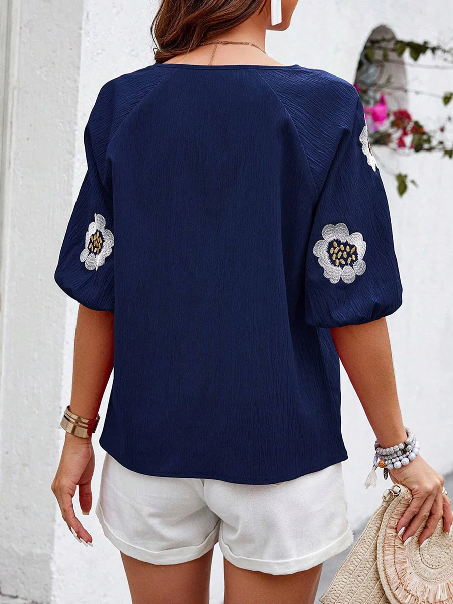 Half Sleeves Loose Contrast Color Embroidered Tied V-Neck Blouses&Shirts Tops - Image 11