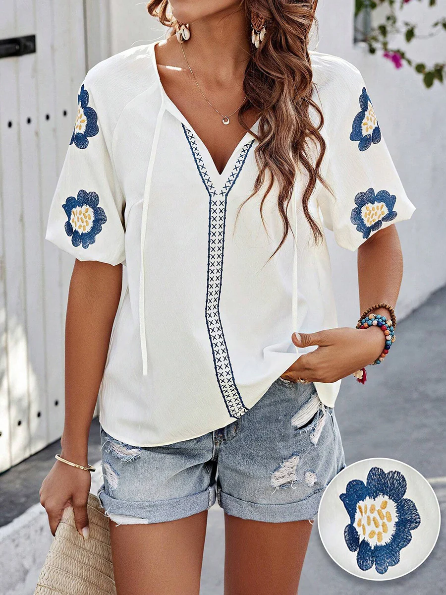 Half Sleeves Loose Contrast Color Embroidered Tied V-Neck Blouses&Shirts Tops - Image 2