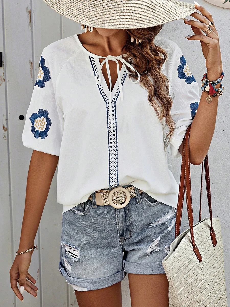Half Sleeves Loose Contrast Color Embroidered Tied V-Neck Blouses&Shirts Tops - Image 3