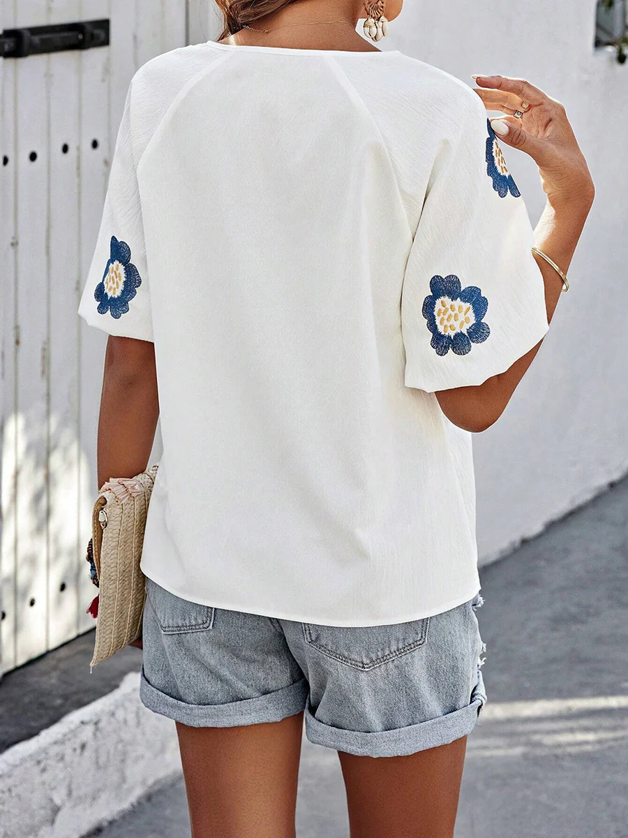 Half Sleeves Loose Contrast Color Embroidered Tied V-Neck Blouses&Shirts Tops - Image 4