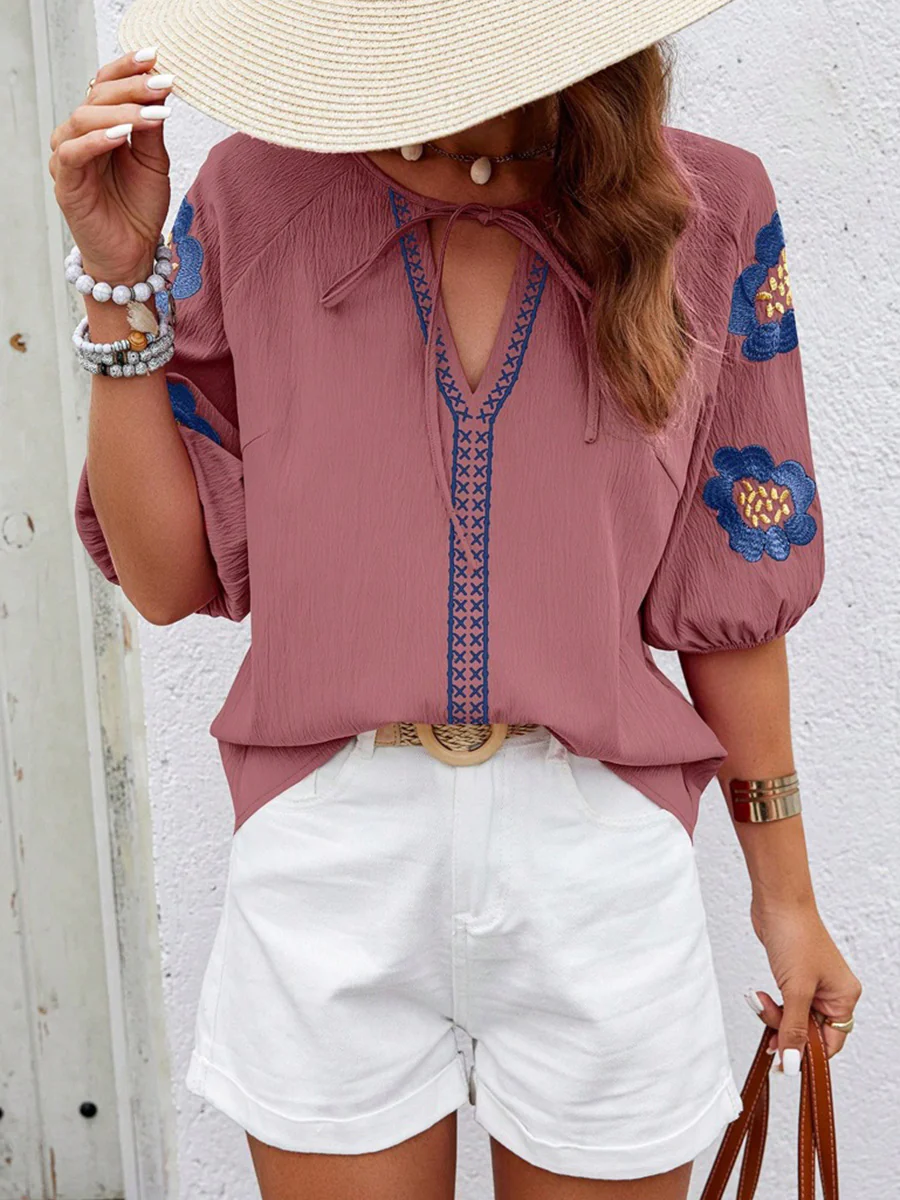 Half Sleeves Loose Contrast Color Embroidered Tied V-Neck Blouses&Shirts Tops - Image 6