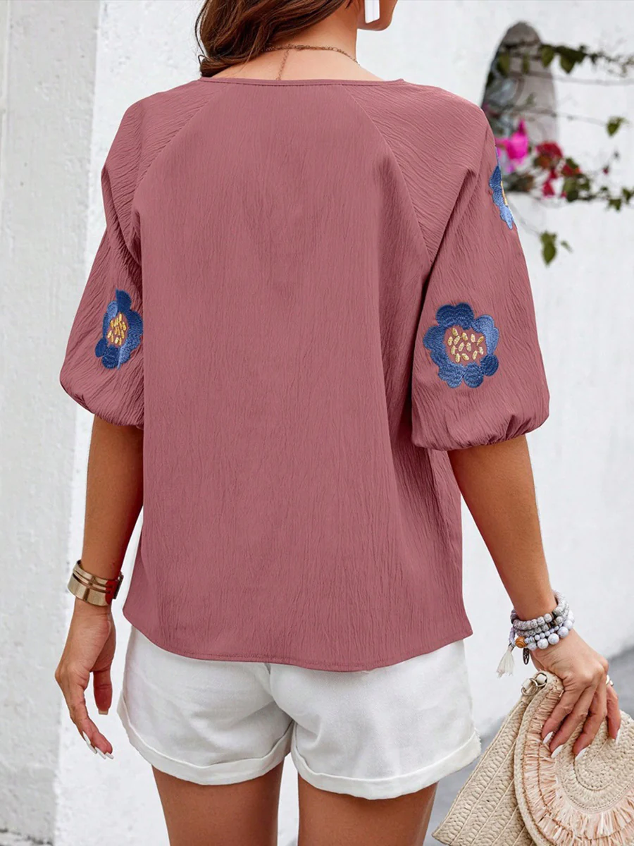 Half Sleeves Loose Contrast Color Embroidered Tied V-Neck Blouses&Shirts Tops - Image 7